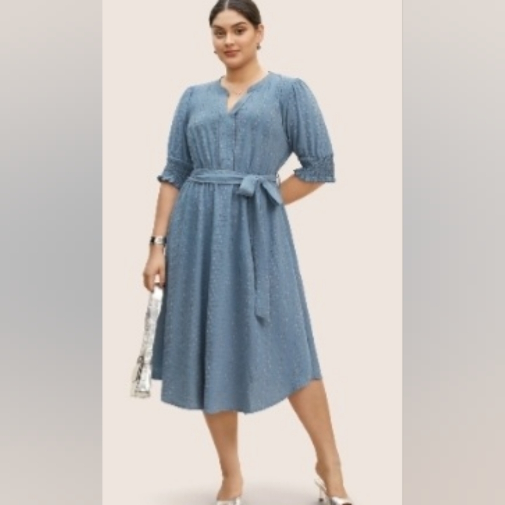 BloomChic Blue A-Line V-Neck Midi Dress